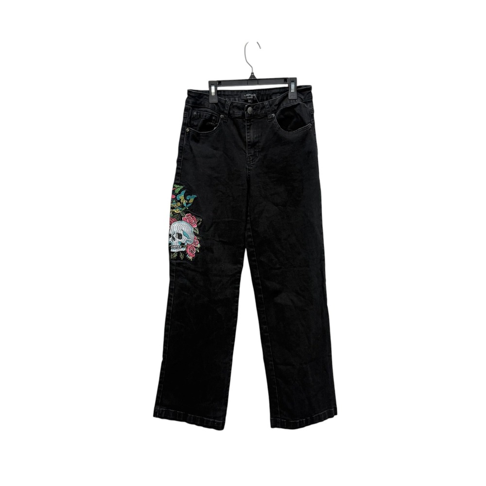 Ed Hardy Womens Black Wide Leg Jeans Skull Rose Embroidery Y2K 29 Waist - Picture 4 of 13